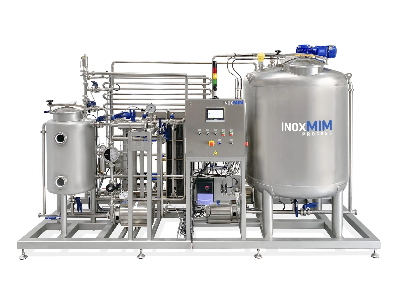 Installation de pasteurisation pour produits laitiers avec cuve, pompes et armoire de commande