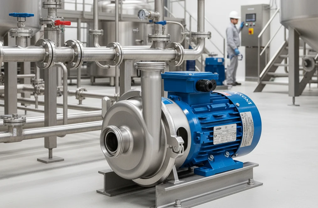 Pompe centrifuge industrielle en acier inoxydable dans une installation de process